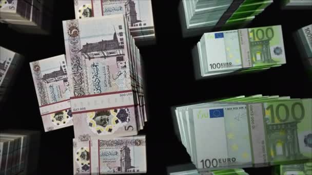 ユーロとリビアディナールの両替 紙の紙幣のパックの束 金融の概念 ノート ループ可能なシームレスな3Dアニメーション — ストック動画