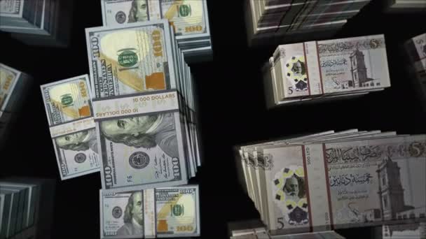 Американський Долар Лівія Дінар Обмін Грошей Пакет Банкнот Концепція Торгівлі — стокове відео