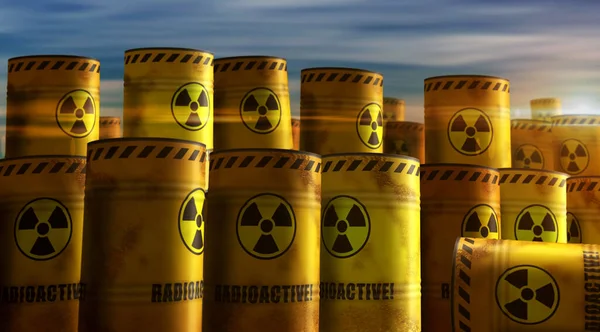 核辐射废物桶排成一排的概念 危险辐射污染工业容器 — 图库照片