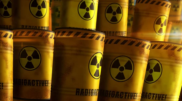 Sıra Konseptinde Nükleer Radyoaktif Atık Varilleri Tehlike Radyasyon Kirliliği Endüstriyel — Stok fotoğraf