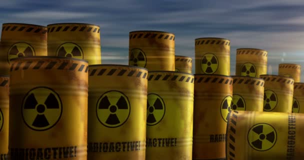 Radioaktivt Kärnavfall Tunnor Rad Koncept Behållare För Industrimetall Med Fara — Stockvideo