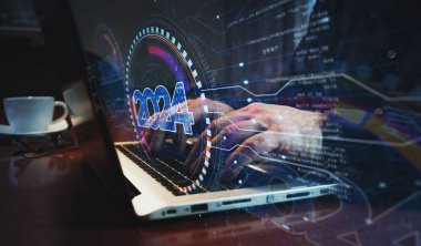 2024 yıllık fütüristik yeni neon sembolü ve insan klavyesi. Eller dizüstü bilgisayarda. Ağ, siber teknoloji ve soyut konsept çizimi.