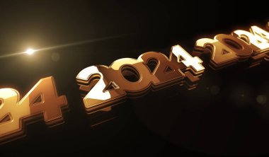 2024 yıllık fütüristik yeni altın metal parlak sembol konsepti. Görkemli parlama ve yansıtma ışığı simgesi soyut nesne 3d illüstrasyon.