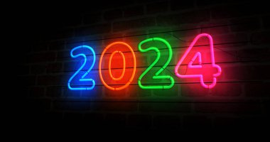 2024 yılının neon sembolü. Renkli ampuller. Soyut konsept 3d illüstrasyon.