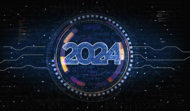 2024 yıllık fütürist yeni neon sembolü dijital konsept. Ağ, siber teknoloji ve bilgisayar arkaplanı soyut 3D resimleme.