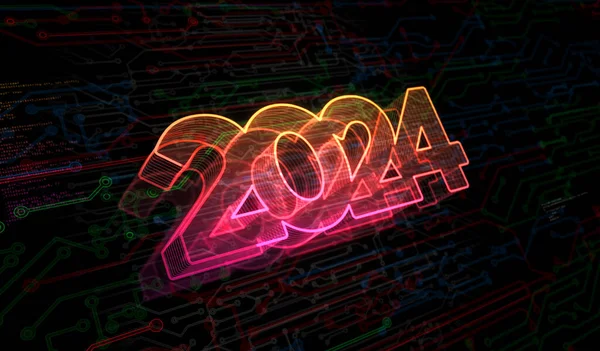 2024 Yıllık Fütürist Yeni Neon Sembolü Dijital Konsept Siber Teknoloji — Stok fotoğraf