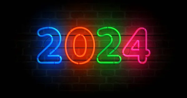2024 Jaar Symbool Neon Symbool Lichtgekleurde Lampen Abstract Concept Illustratie — Stockfoto