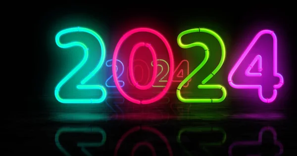 2024 Année Symbole Néon Symbole Ampoules Couleur Concept Abstrait Illustration — Photo