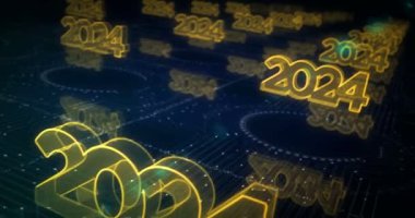 2024 yıllık fütürist yeni neon sembolü soyut siber konsept. Dijital teknoloji ve bilgisayar arkaplanı pürüzsüz ve döngülü 3D animasyon.