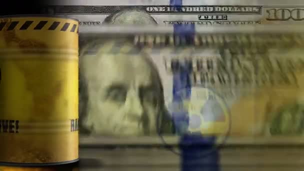 Atommüll Fässer Über Dollar Banknoten Mit Nahtlosem Und Lückenhaftem Konzept — Stockvideo