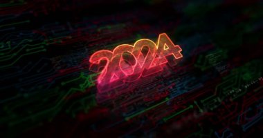 2024 yıllık fütürist yeni neon renkli sembol konsepti. Ağ, siber teknoloji ve bilgisayar arkaplanı soyut 3d canlandırması.