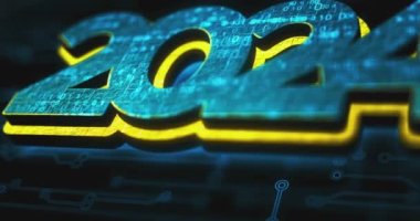2024 yıllık fütürist yeni neon renkli sembol konsepti. Ağ, siber teknoloji ve bilgisayar arkaplanı soyut 3d canlandırması.