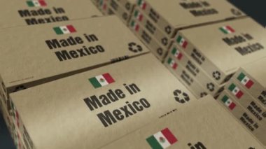 Mexico box üretim hattında üretildi. Üretim ve teslimat. Ürün fabrikası, ithalat ve ihracat. Soyut kavram 3d biçimlendirilebilir döngüsüz canlandırma.