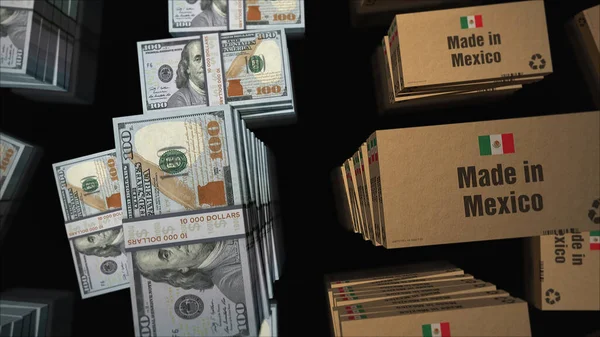 Made Mexico Box Line Dollar Money Bundle Stacks Export Trade — Stock Photo, Image