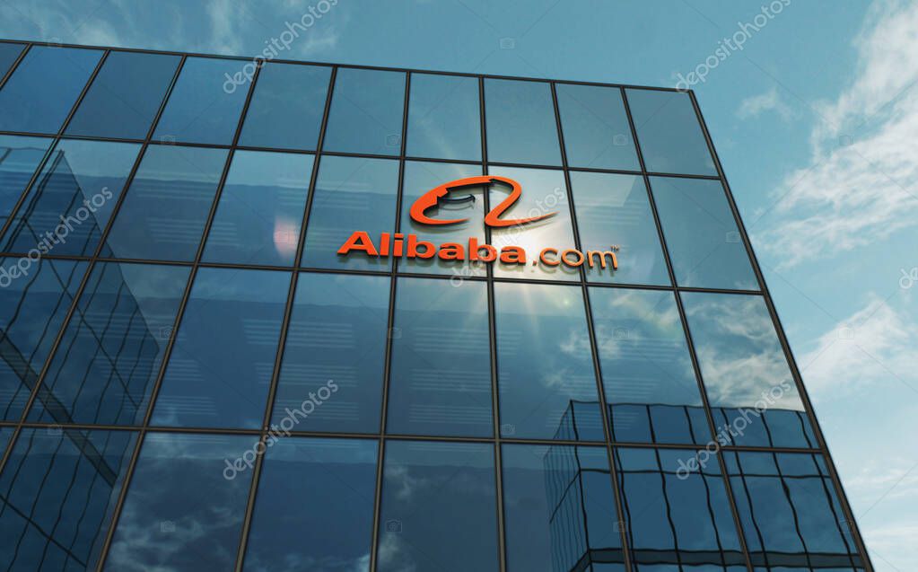 Hangzhou, China, September 5, 2023: Alibaba Group Holding Limited headquarters glass building concept. Alibaba com e-commerce retail company symbol logo on front facade 3d illustration.