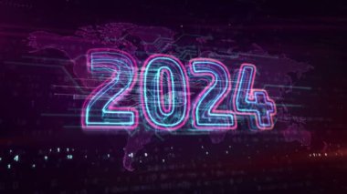 2024 yıllık yeni siber tasarım animasyonu. Fütürist soyut 3D dijital kavram.