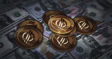 Yıldız XLM şifreleme altın sikkesi dolar banknotlarının üzerinde. ABD 'li kripto para birimi özgeçmişi 3D soyut çevrimiçi ödeme ve dijital para kavramı.