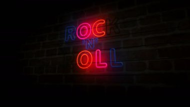Rock-n-roll neon duvarda. Rock n Roll müzik kulübü eski tarz ampuller. Soyut konsept 3d animasyon.
