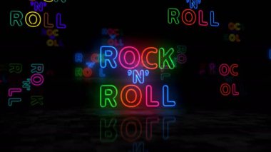 Rock-n-roll neon parlayan sembolü. Renkli ampuller. Rock n Roll müzik kulübü eski tarz soyut konsept 3D animasyon.