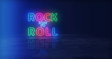 Rock-n-roll neon sembolü. Renkli ampuller. Rock 'n Roll müzik kulübü retro stili soyut, pürüzsüz ve geri dönüşümlü kavram. 3D tünel animasyonunda uçuyor..