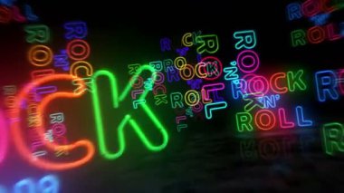 Rock-n-roll neon sembolü. Renkli ampuller. Rock 'n Roll müzik kulübü retro stili soyut, pürüzsüz ve geri dönüşümlü kavram. 3D tünel animasyonunda uçuyor..