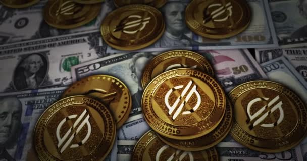 Hvězdná Xlm Kryptoměna Zlatá Mince Nad Dolarovými Bankovkami Kryptografická Měna — Stock video