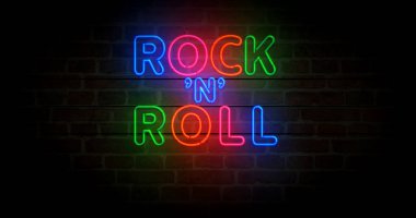 Rock-n-roll neon sembolü. Rock n Roll müzik kulübü eski tarz ampuller. Soyut konsept 3d illüstrasyon.
