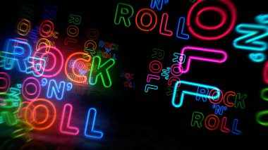 Rock-n-roll neon sembolü. Rock n Roll müzik kulübü eski tarz ampuller. Soyut konsept 3d illüstrasyon.