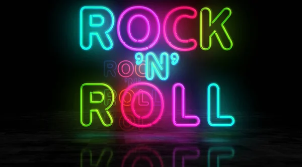 Rock-n-roll neon symbol. Rock n Roll music club retro style  light color bulbs. Abstract concept 3d illustration.