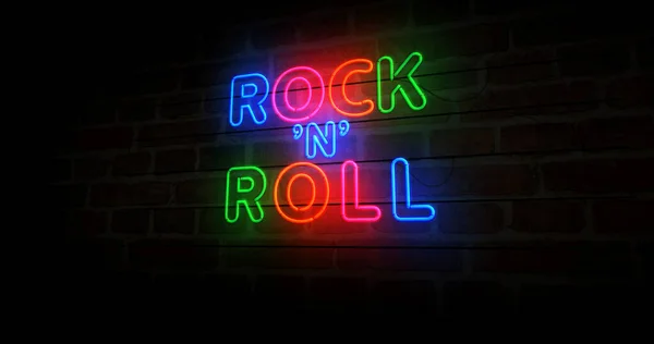 Rock-n-roll neon symbol. Rock n Roll music club retro style  light color bulbs. Abstract concept 3d illustration.