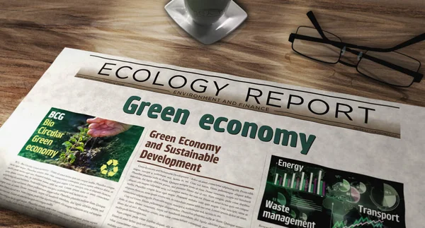 Green economy bio circular and eco friendly economy daily newspaper on table. Headlines news abstract concept 3d illustration.