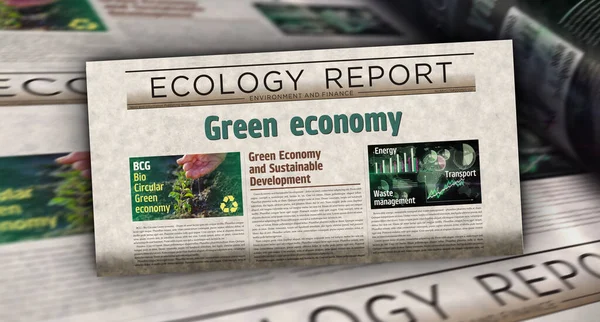 Green economy bio circular and eco friendly economy vintage news and newspaper printing. Abstract concept retro headlines 3d illustration.