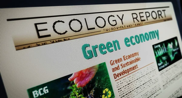 Green economy bio circular and eco friendly economy daily newspaper reading on mobile tablet computer screen. Man touch screen with headlines news abstract concept 3d illustration.