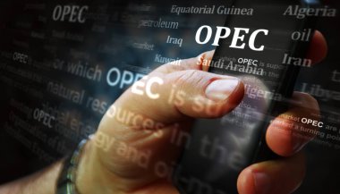 OPEC Organizasyon Petrol İhraç Eden Ülkeler petrol ihraç ederek ihracat derneği sosyal medyası sergilenmektedir. Ped, telefon ya da akıllı telefon ekranında aranıyor. Haber başlıkları kavramı 3d illüstrasyon.