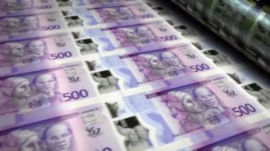 Jamaika parası Jamaika doları para basma makinesi döngüsü. Kağıt JMD banknot baskısı 3D döngü kusursuz. Soyut bankacılık, borç, finans, ekonomi ve kriz kavramı.