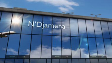 N 'Djamena, Chad 3D' ye uçak iniyor. Cam havaalanı terminali ve jet uçağının yansımasıyla şehre vardık. Seyahat, iş, turizm ve ulaşım 3D konsepti.