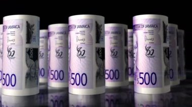 Jamaika parası Jamaika Doları ruloları 3D animasyon döngüsü. Kamera JMD 'nin önünde hareket ediyor. Kusursuz döngüsüz ekonomi, finans, iş ve borç kavramı.