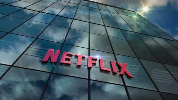 2023年9月12日 加利福尼亚州洛斯加托斯 Netflix Inc 总部玻璃建筑循环延时概念 平面3D无缝漏洞上的Netflix Tv和Vod流媒体平台公司标识 — 图库视频影像