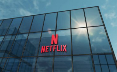 Los Gatos, California, 12 Eylül 2023: Netflix Anonim Şirketi 'nin cam bina konsepti. Netflix TV ve VOD yayın platformu sembolü ön cephede 3D illüstrasyon.