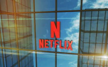 Los Gatos, California, 12 Eylül 2023: Netflix Anonim Şirketi 'nin cam bina konsepti. Netflix TV ve VOD yayın platformu sembolü ön cephede 3D illüstrasyon.