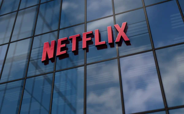 Los Gatos, California, 12 Eylül 2023: Netflix Anonim Şirketi 'nin cam bina konsepti. Netflix TV ve VOD yayın platformu sembolü ön cephede 3D illüstrasyon.