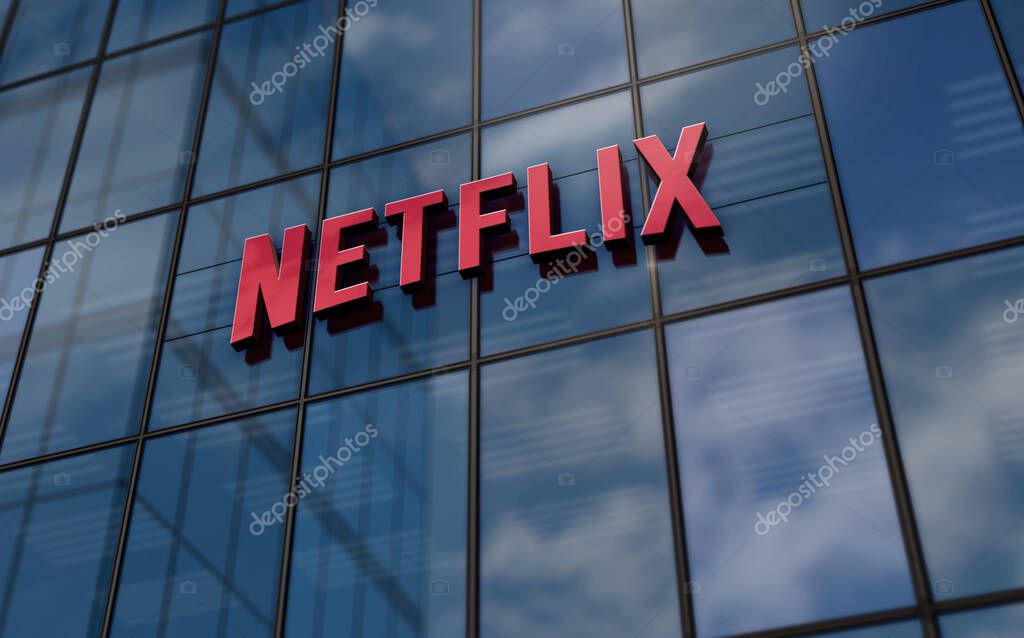 Los Gatos, California, September 12, 2023: Netflix Incorporation headquarters glass building concept. Netflix TV and VOD streaming platform company symbol logo on front facade 3d illustration.