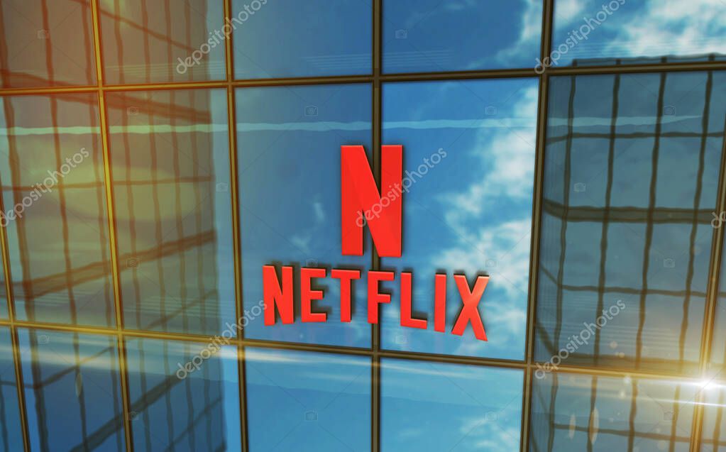 Los Gatos, California, September 12, 2023: Netflix Incorporation headquarters glass building concept. Netflix TV and VOD streaming platform company symbol logo on front facade 3d illustration.