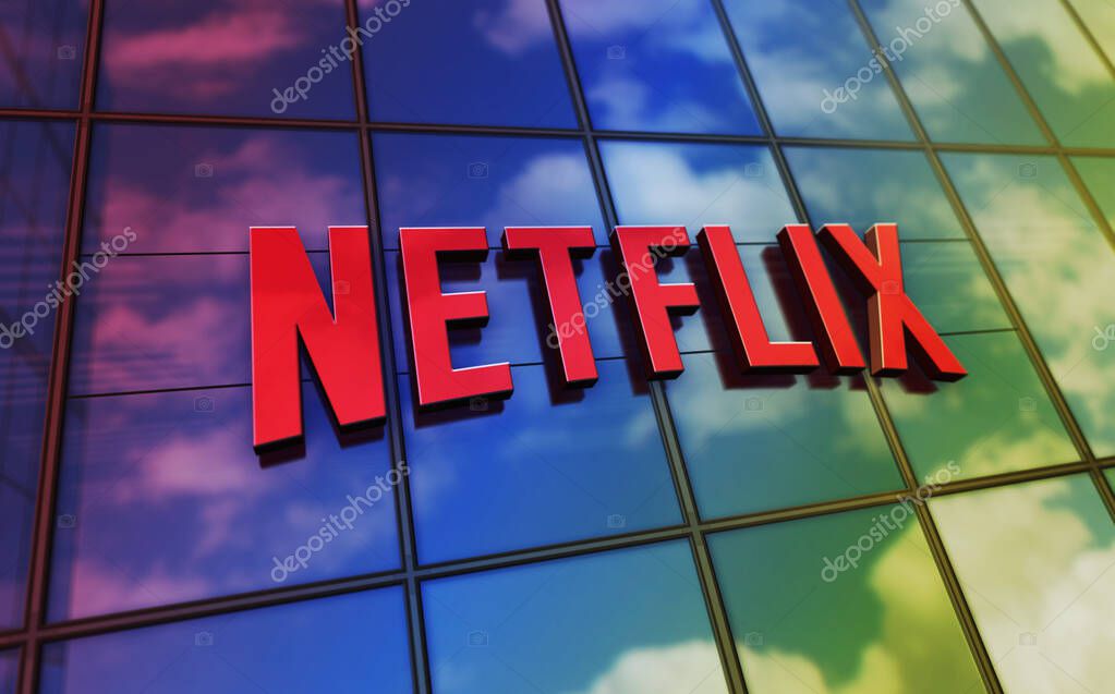 Los Gatos, California, September 12, 2023: Netflix Incorporation headquarters glass building concept. Netflix TV and VOD streaming platform company symbol logo on front facade 3d illustration.