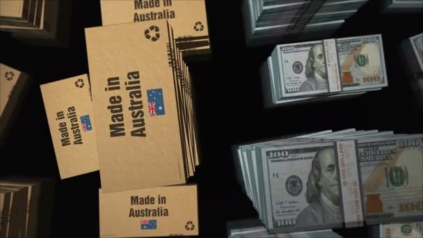 Hergestellt Australien Box Line Usa Dollar Geldbündel Stapel Export Handel — Stockvideo