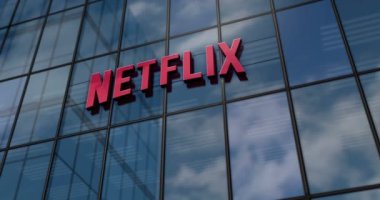 Los Gatos, California, 12 Eylül 2023: Netflix Anonim Şirketi 'nin cam bina konsepti. Netflix TV ve VOD yayın platformu sembolü 3D ön cephede..