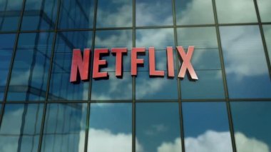 Los Gatos, California, 12 Eylül 2023: Netflix Anonim Şirketi 'nin cam bina konsepti. Netflix TV ve VOD yayın platformu sembolü 3D ön cephede..