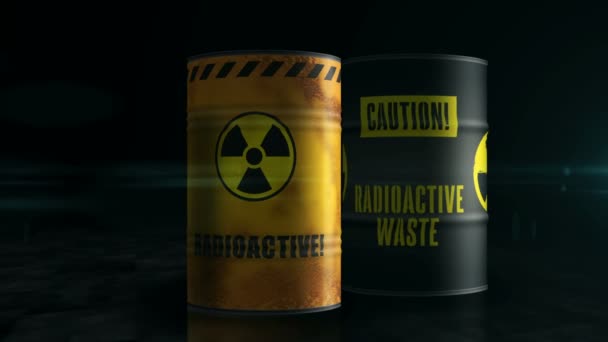 核辐射废物桶排成一排的概念 危险辐射污染工业金属容器 — 图库视频影像