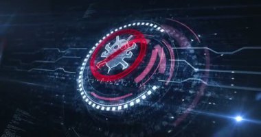 Antivirüs siber güvenlik virüsü sistem uyarı sembolü dijital konsepti tespit etti. Ağ, siber teknoloji ve bilgisayar geçmişi soyut 3D animasyon. Kusursuz ve döngüsüz.