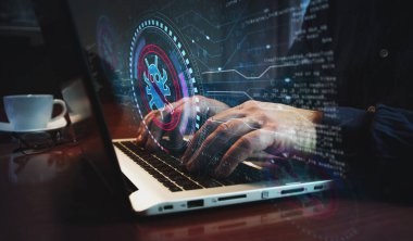 Anti virüs siber güvenlik virüsü sistem uyarı sembolünü ve insan klavyesini tespit etti. Eller dizüstü bilgisayarda. Ağ, teknoloji ve özet kavram 3D illüstrasyon.